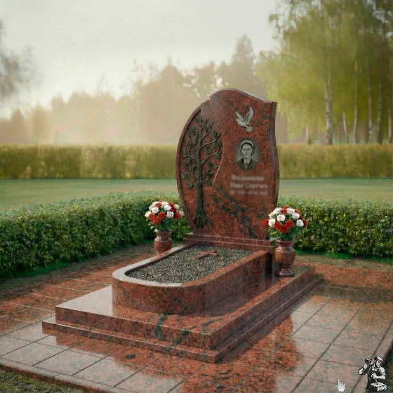 Гранитный мемориал с деревом и голубем, гранит Лезниковский, в Якутске