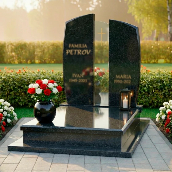 Элитный католический памятник из гранита и стекла в Барнауле, гранит Габбро-диабаз
