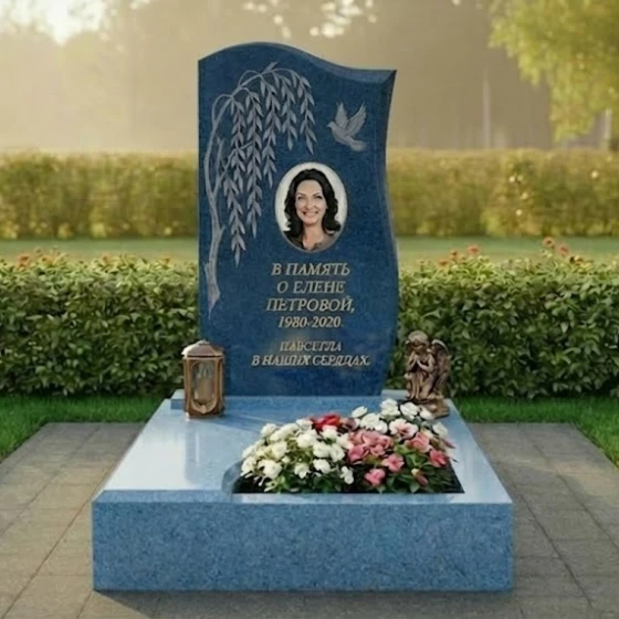 Гранитный вертикальный памятник с мемориальным комплексом в Барнауле, гранит Блю Перл