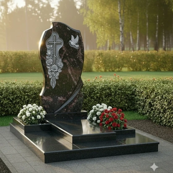 Элитный православный памятник с крестом во Владивостоке, гранит амфиболит