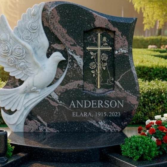 Православный вертикальный гранитный памятник с крестом в Рязани, гранит амфиболит