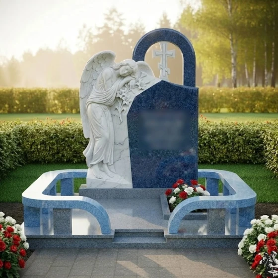 Мемориал с барельефом скорбящего ангела, гранит Блю Перл, в Якутске