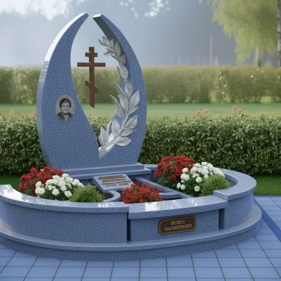 Элитный Гранитный православный памятник с крестом в Салехарде, гранит Блю Перл
