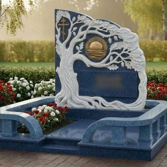 Элитный Комбинированный памятник с крестом в Оренбурге, гранит Блю Перл