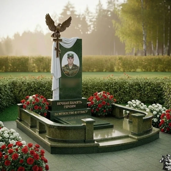 Элитный Гранитный православный памятник в Барнауле, гранит Балтик грин