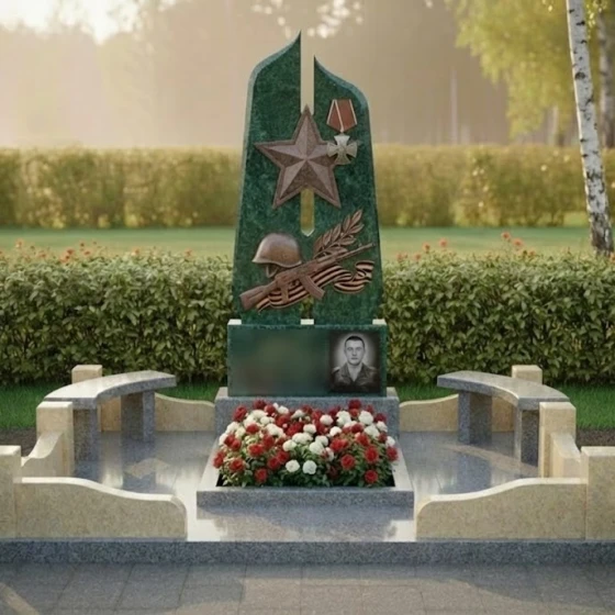 Гранитный памятник светский для комплекса в Салехарде, гранит Балтик грин