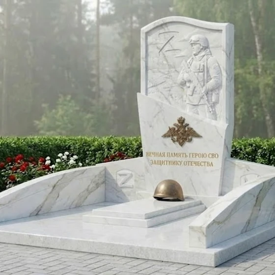 Гранитный памятник воину СВО с барельефом, мрамор Тассос, в Якутске