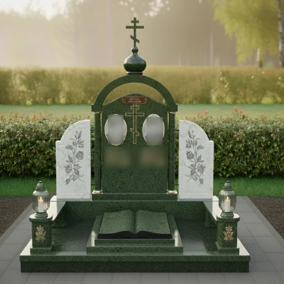 Элитный гранитный памятник с крестом на двоих во Владивостоке, гранит Балтик грин
