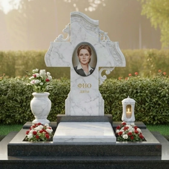 Вертикальный памятник с крестом и розами, мрамор Тассос, в Якутске