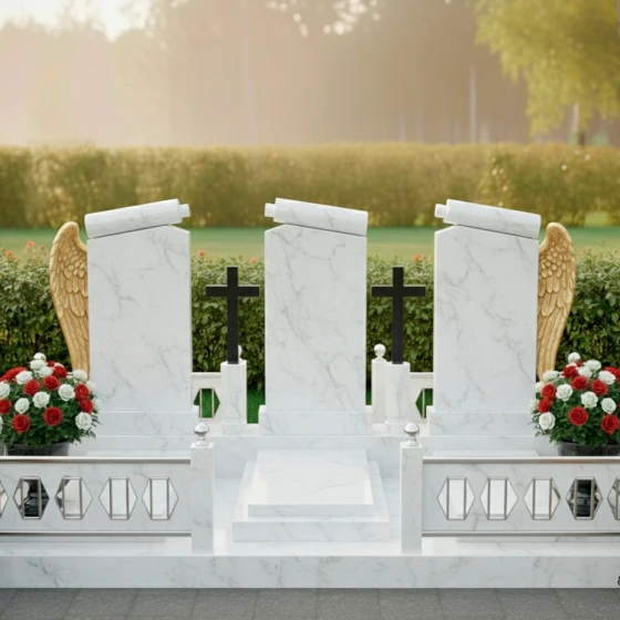 Вертикальный православный памятник из гранита и металла для троих во Владивостоке, мрамор Тассос