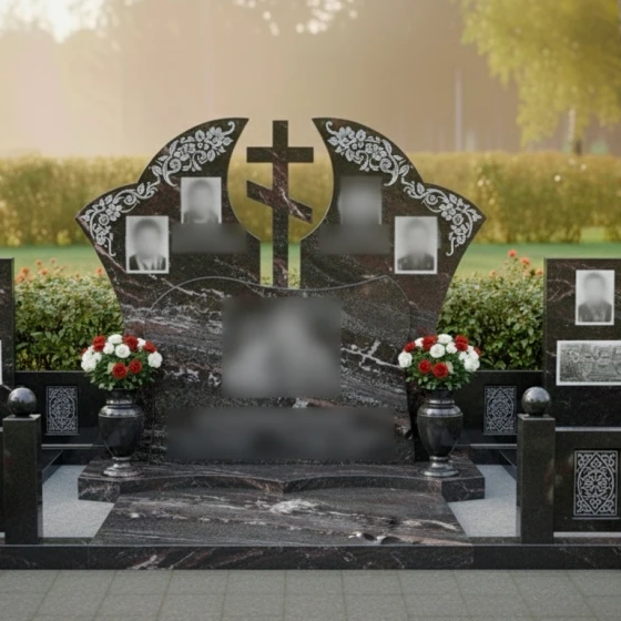 Элитный горизонтальный православный памятник для семейного склепа во Владивостоке, гранит амфиболит