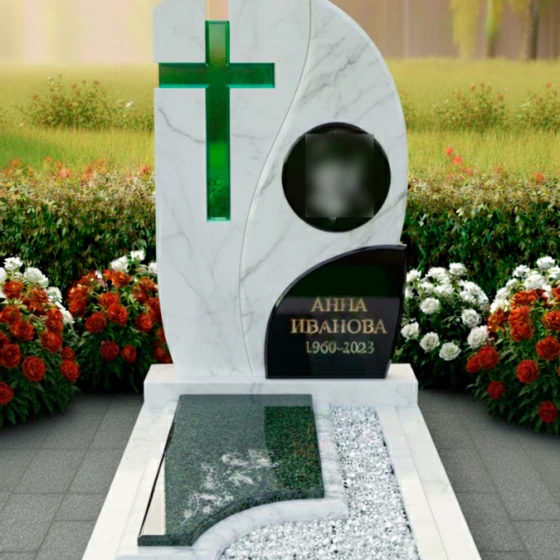 Комбинированный памятник с волной и крестом, мрамор Тассос