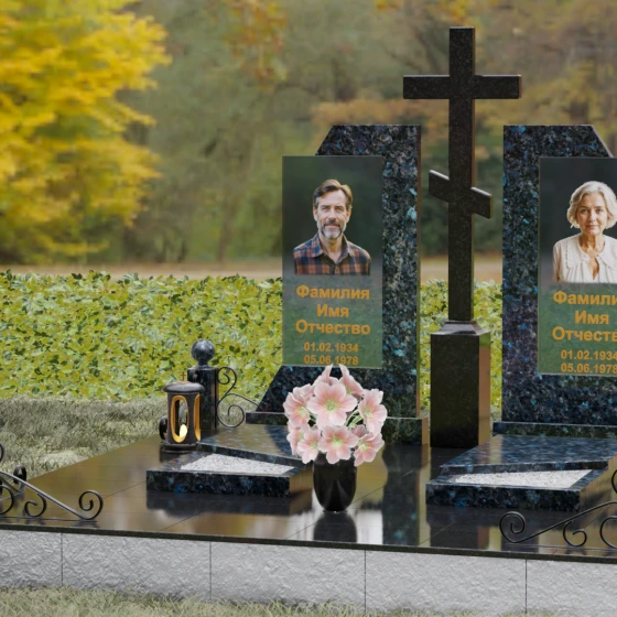 Гранитный памятник с православным крестом и стеклом, гранит Блю Перл, вид 4