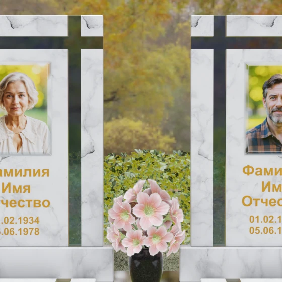 Вертикальный гранитный памятник с крестом и сферами, мрамор Тассос, в Якутске
