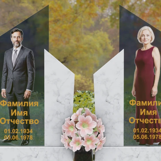 Комбинированный горизонтальный памятник на двоих в Салехарде, мрамор Тассос