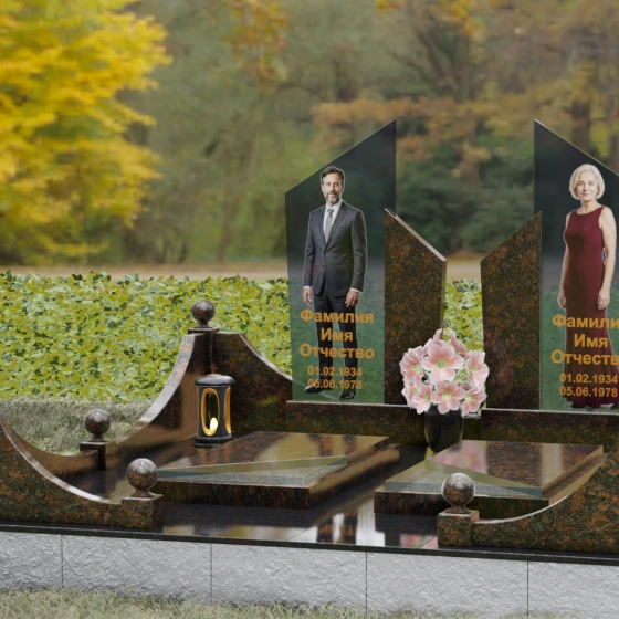 Комбинированный горизонтальный памятник на двоих в Салехарде, гранит Дымовский, вид 4