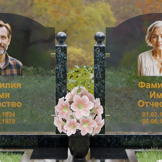 Горизонтальный памятник с арками и стеклом, гранит Блю Перл, в Якутске
