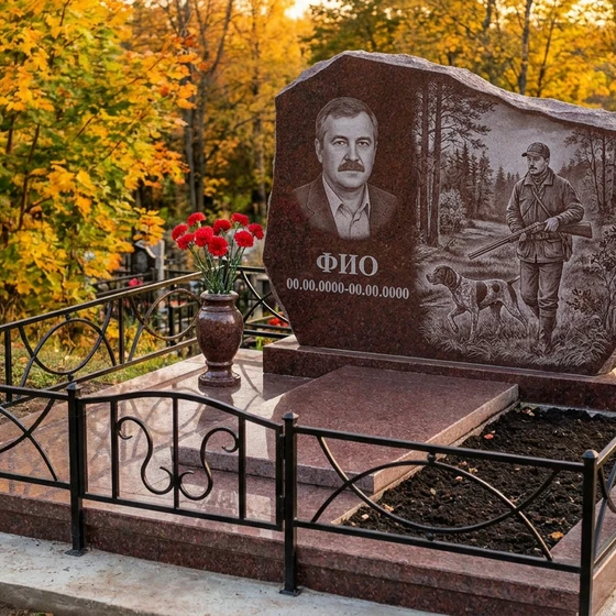 Гранитный памятник охотнику в форме скалы с двустволкой