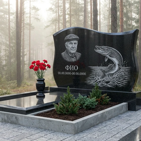 Гранитный памятник рыбаку со спиннингом