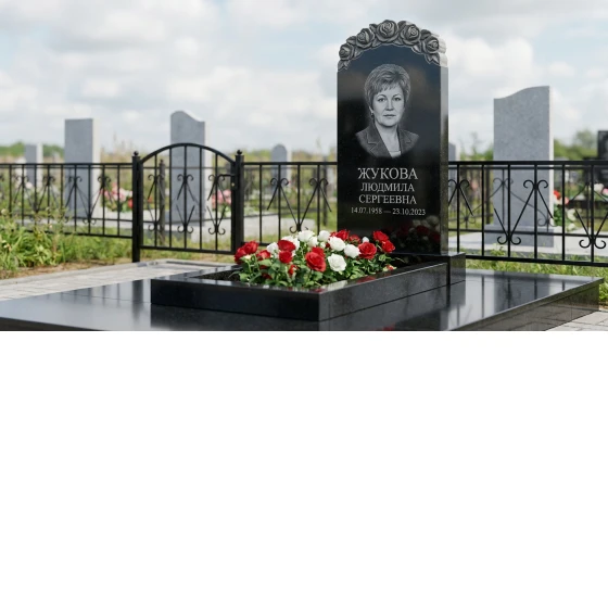 Памятник с гирляндой роз из черного габбро-диабаза