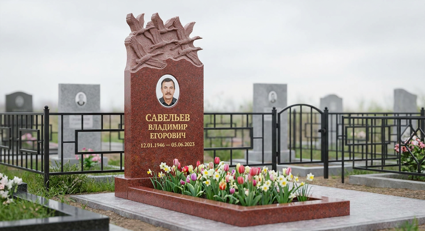 Пример дизайна: Памятник с клином журавлей из лезниковского гранита с фотопортретом