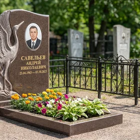 Гранитный памятник фигурный с гравировкой роз и оградой