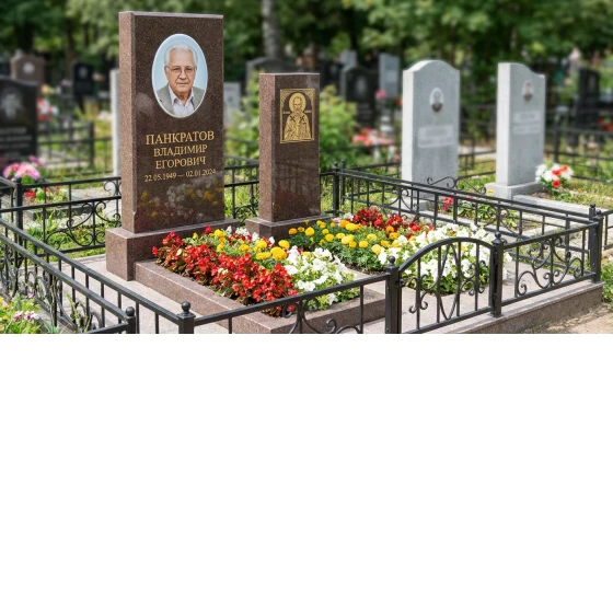 Комбинированный памятник фигурный из красного гранита с цветником