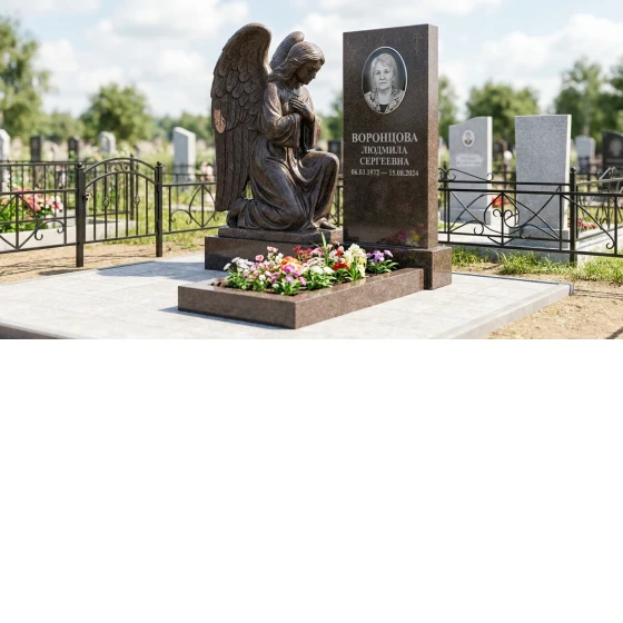 Гранитный памятник фигурный с крестом, облицовкой и оградой