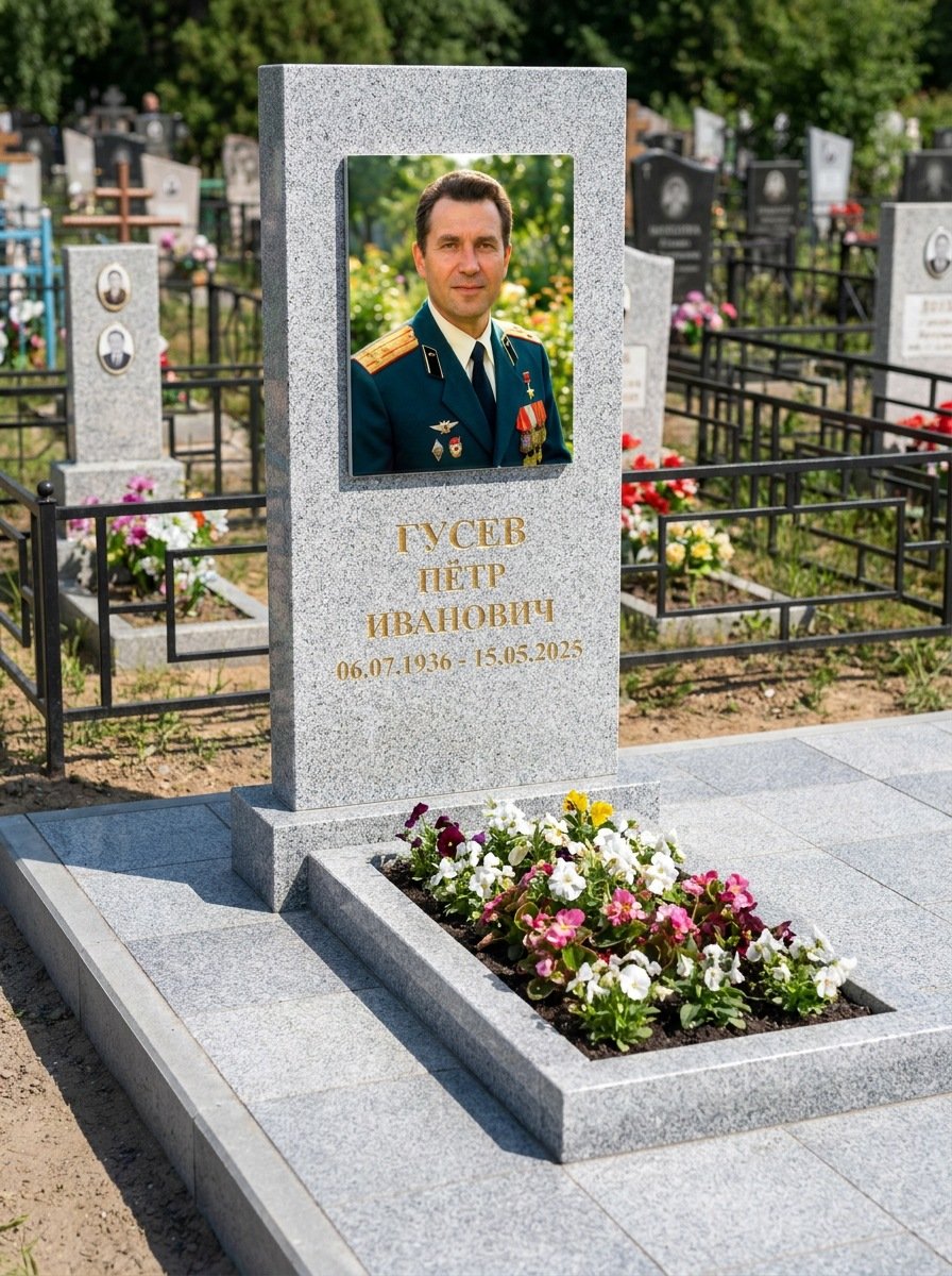 Портрет на памятнике в Рязани — Прямоугольник на гранитной стеле, ФИО и даты на портрете